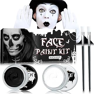 DuoZeng Black White Face Body Paint with 2 Pcs Painting Brushes Set,Halloween Face Body Paint Palette Face Painting Makeup Kit for Adult,Clown SFX White Zombie Costume Cosplay Makeup