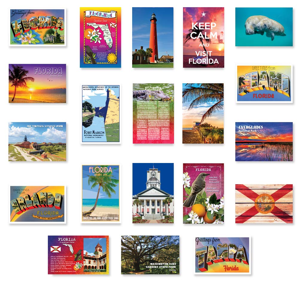 FLORIDA postcard set of 20 postcards. FL post card variety pack containing 20 different post cards. Made in USA.