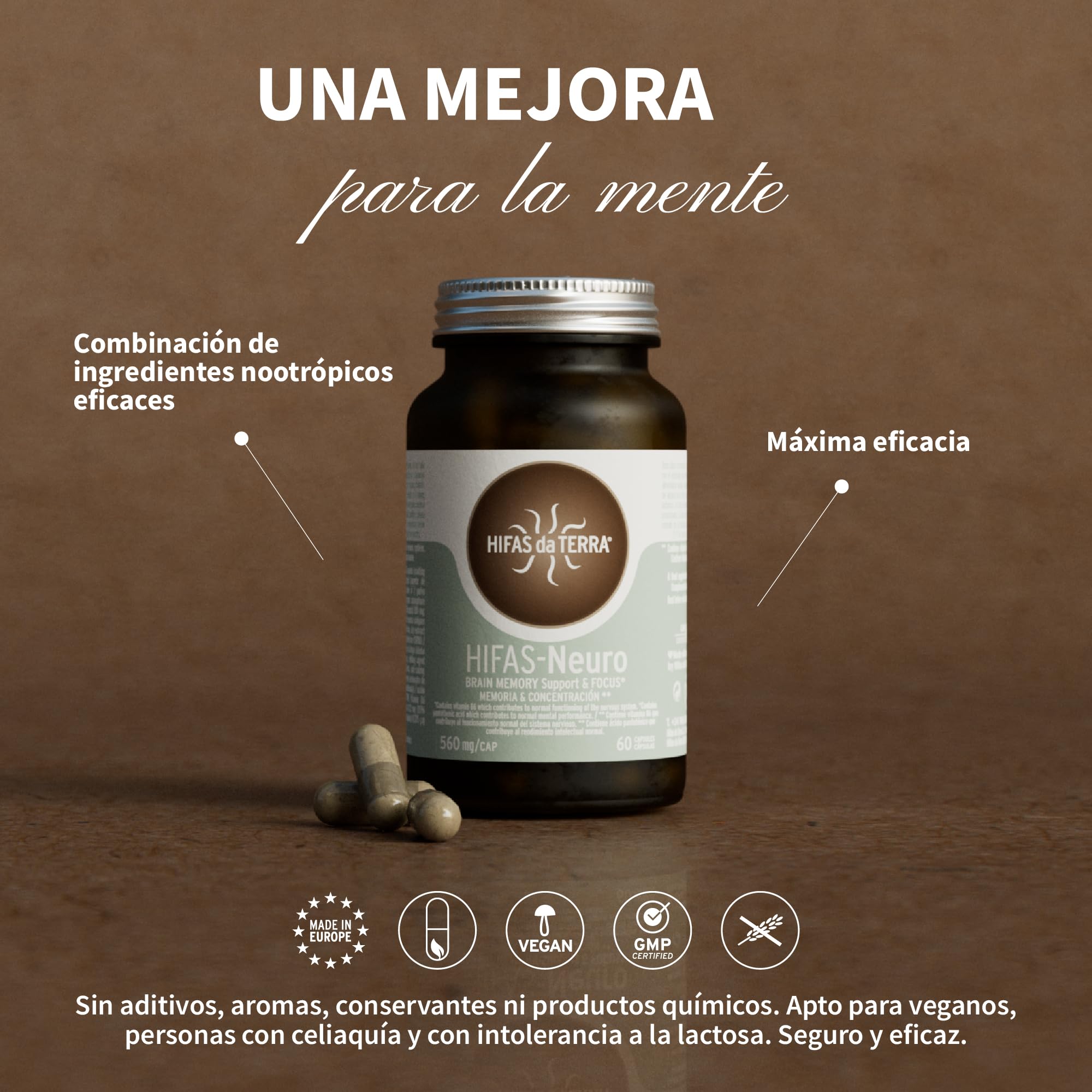 HIFAS DA TERRA - HIFAS-Neuro Suplemento para Memoria y Concentración con Extractos de Hongos Puros de Melena de León y Chaga, Vitaminas B6 y B12 - Apoya Cognición y Concentración - Refill 60 Cápsulas