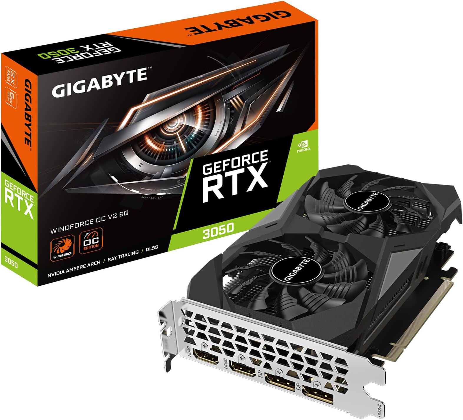 GeForce RTX 3050 WINDFORCE OC V2 6G Graphics Card, 2X WINDFORCE Fans, 6GB GDDR6 96-bit GDDR6, GV-N3050WF2OCV2-6GD Graphics Card