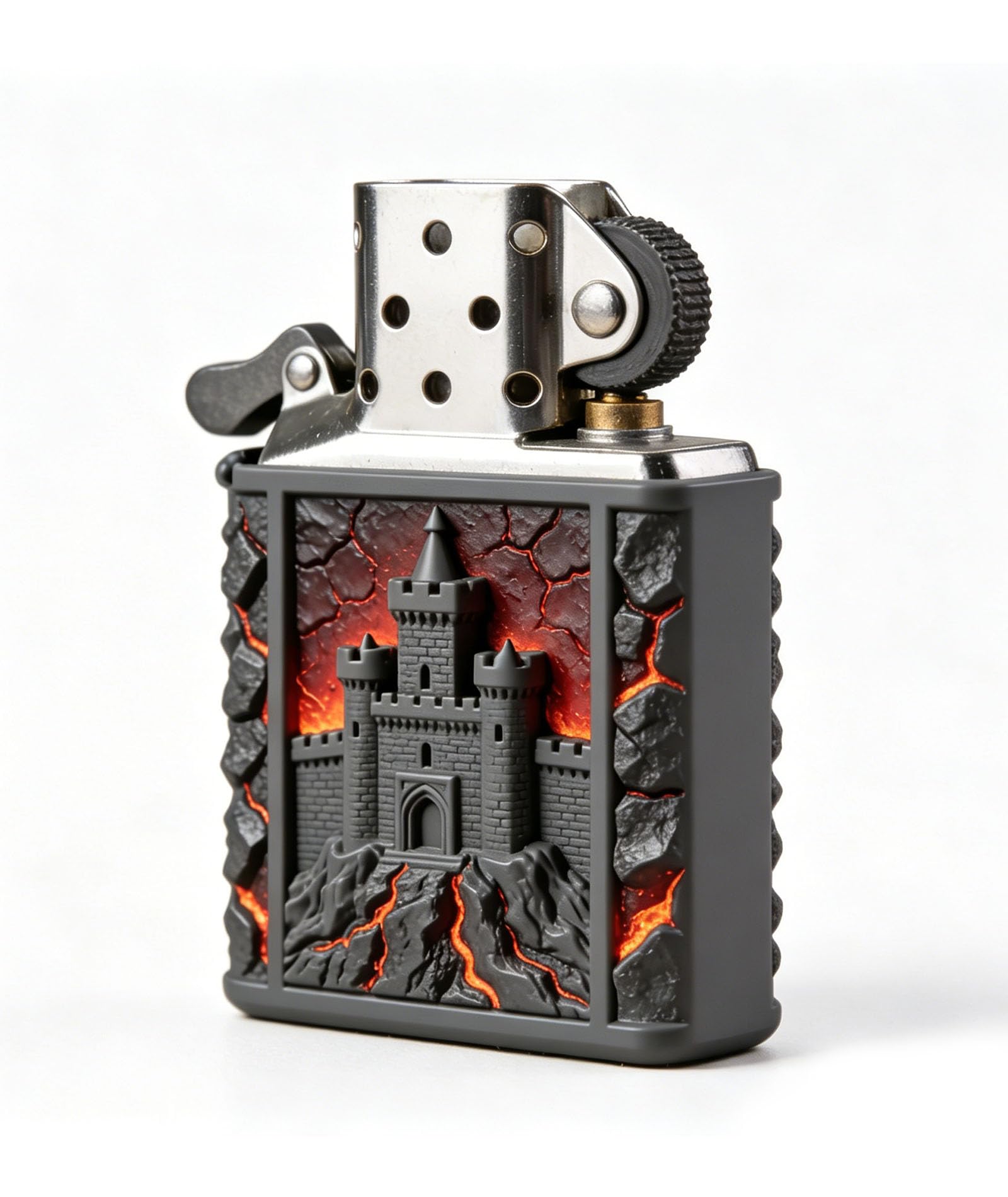 3D Volcanic Castle Carved Lighters Reusable Windproof Flip Top Flint Wheel Kerosene Lighter for Camping Hiking (E)