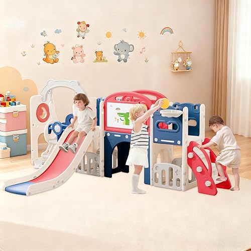 Juego de toboganes 12 en 1 para niños pequeños de 1 a 3 años, parque infantil interior con columpio, aro de baloncesto, escalador, túnel y
