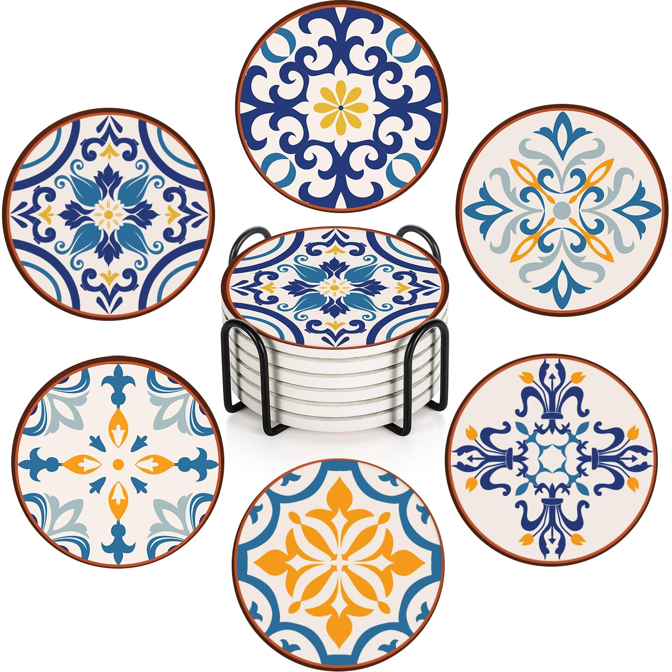 Bribay Coaster for Drinks Set of 6, Colorful Ceramic Talavera Flower Vintage Absorbent Round Ceramic Stone Mat, with Cork Base and Metal Holder, Gift