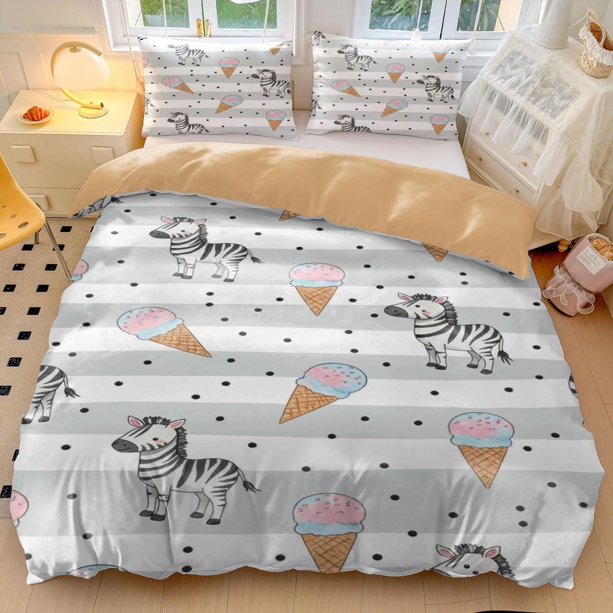 Parure de lit avec housse de couette et taies d'oreiller, motif zèbre, yoga, plage, pour lit simple, rose pour décoration de chambre d'enfant, ultra douce (style 3, lit simple 135 x 200 cm + 50 x 75