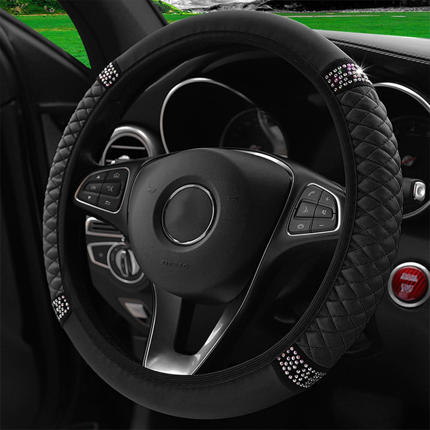 Coprivolante Cristalli Zone Tech Coprivolante Zone Tech Con Strass - Pelle PU, Diametro 14-15, Sfondo Nero, Super Brillante Accessorio Auto Decorativo Zone Tech