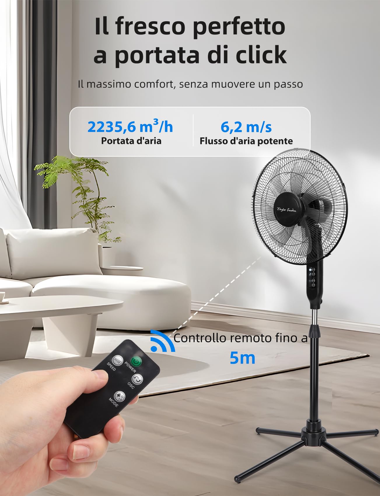Taylor Swoden Ventilatore a Piantana con Telecomando, Potente Silenzioso, 7 Pale, Timer 9H, 3 Velocità & 3 Modalità (Normale/Naturale/Sleep), Oscillazione 70°, Altezza Regolabile, 50W, Nero