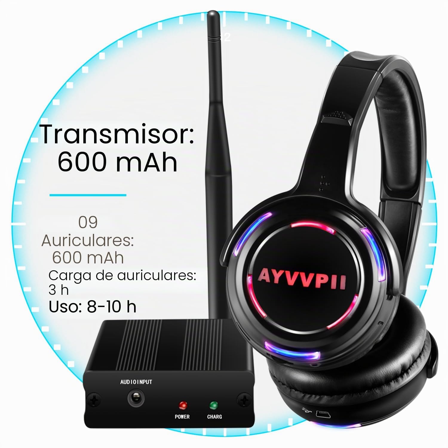 Auriculares inalámbricos Recargables silenciosos para Discoteca RF LED, luz Intermitente, Paquete de 10 Auriculares y 1 transmisor de 500 m de Distancia