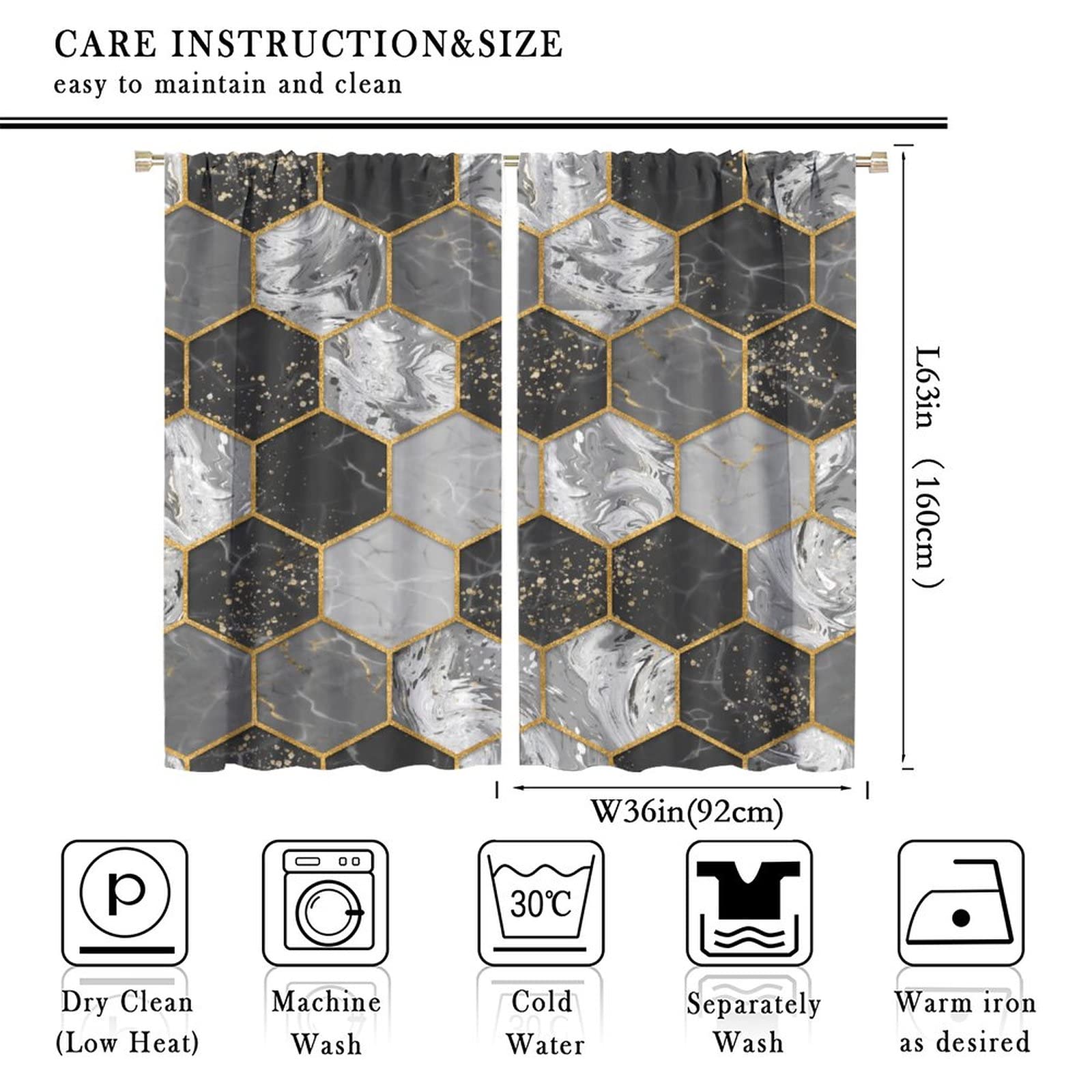 Marble Blackout Curtain,Black Grey Abstract Geometry Hexagon Pattern Texture Art Golden Foil Texture Rod Pocket Curtain for Kids Boys Girls Bedroom Living Room Decor Window Drapes 72