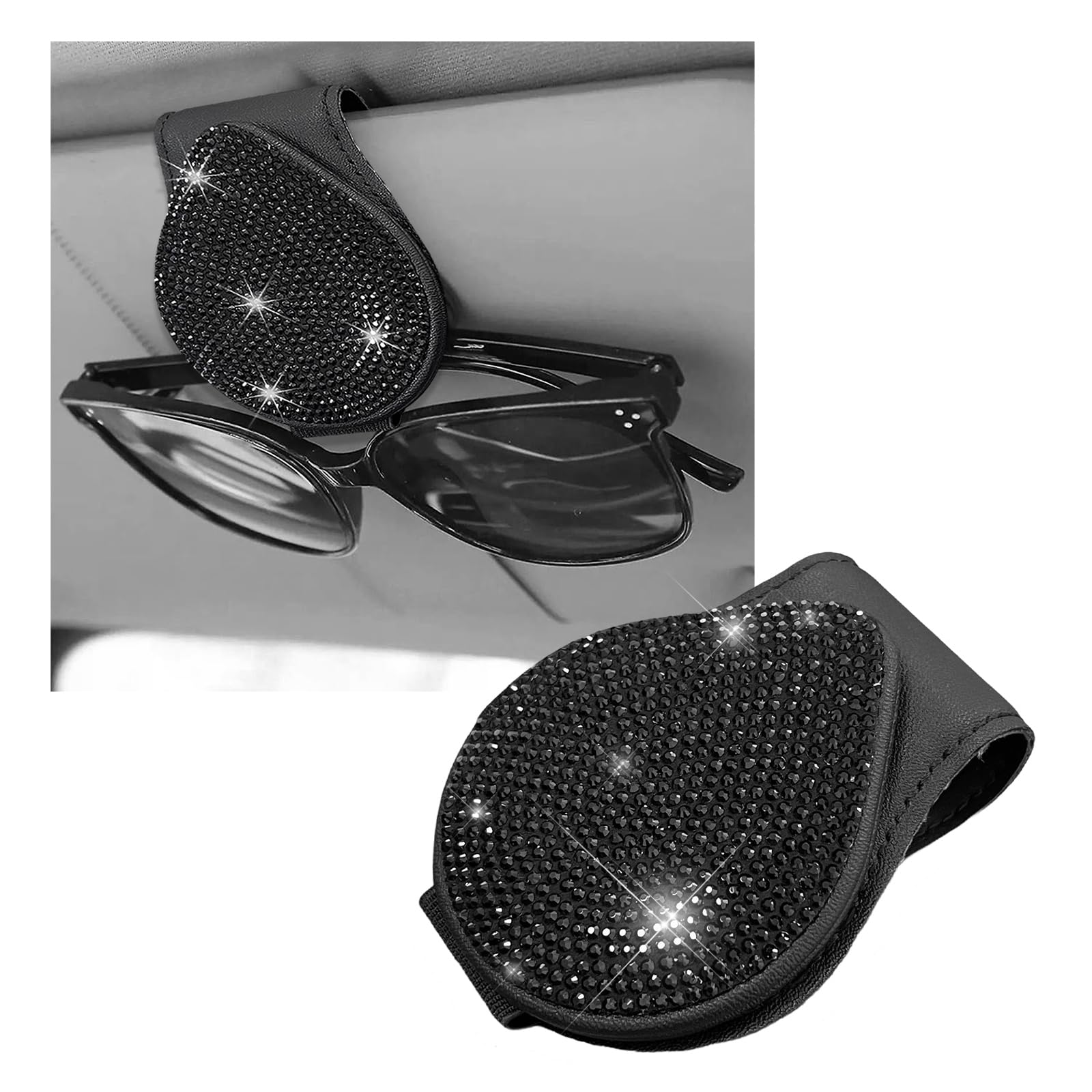 Bling Sunglass Holder for Car Visor Magnetic Leather Visor Clip Glasses Holder with Sparkling Rhinestones Crystal Visor Ticket