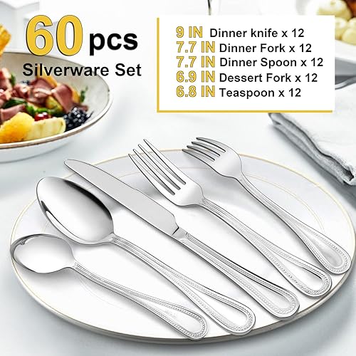 Miniatura 10 de E-far - Juego de cubiertos negros para 4, cubiertos de acero inoxidable con borde perlado, incluye tenedores, cucharas y cuchillos, modernos