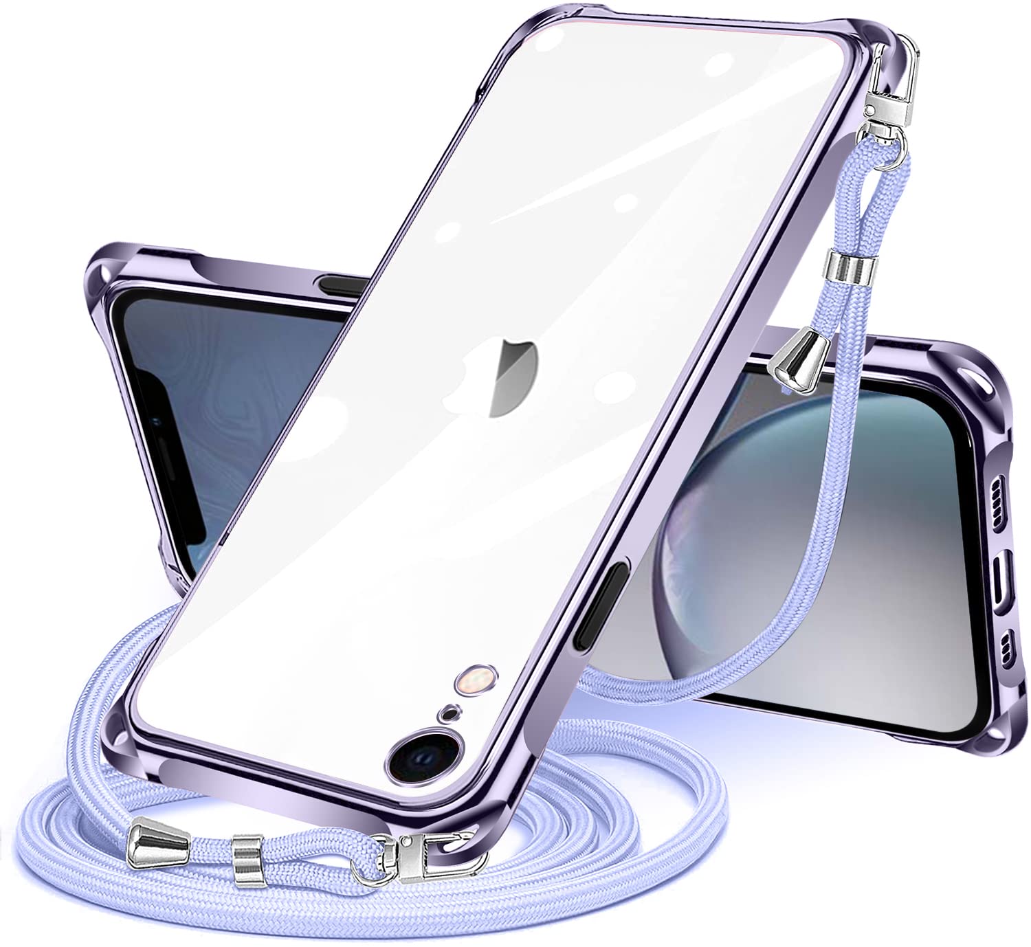 NISIILNG iPhone XR 用 ケース クリア ショルダー iphone xr スマホケース アイフォンXR カバー 肩掛け 斜めかけ 縄掛けケース 透明 TPU 薄型 軽量 耐衝撃 紐付き 斜めがけ 織りストラップ付き ネックストラップ ショルダー 縦/横 2WAY 長さ調整可能 取り外し可能 落下防止 紛失防止 (パープル)