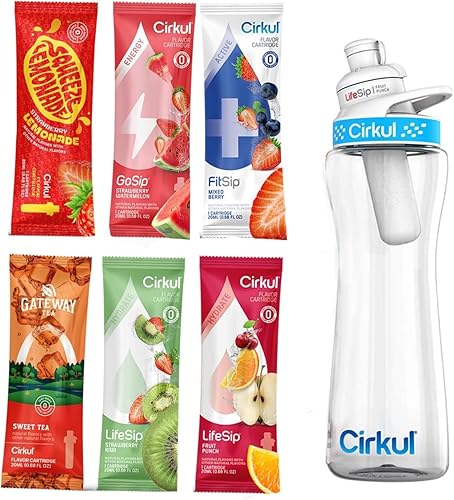 Cirkull - Kit de inicio de botella de agua de plástico de 22 onzas con tapa azul y 6 cartuchos de sabor (ponche de fruta y bayas mixtas y 4