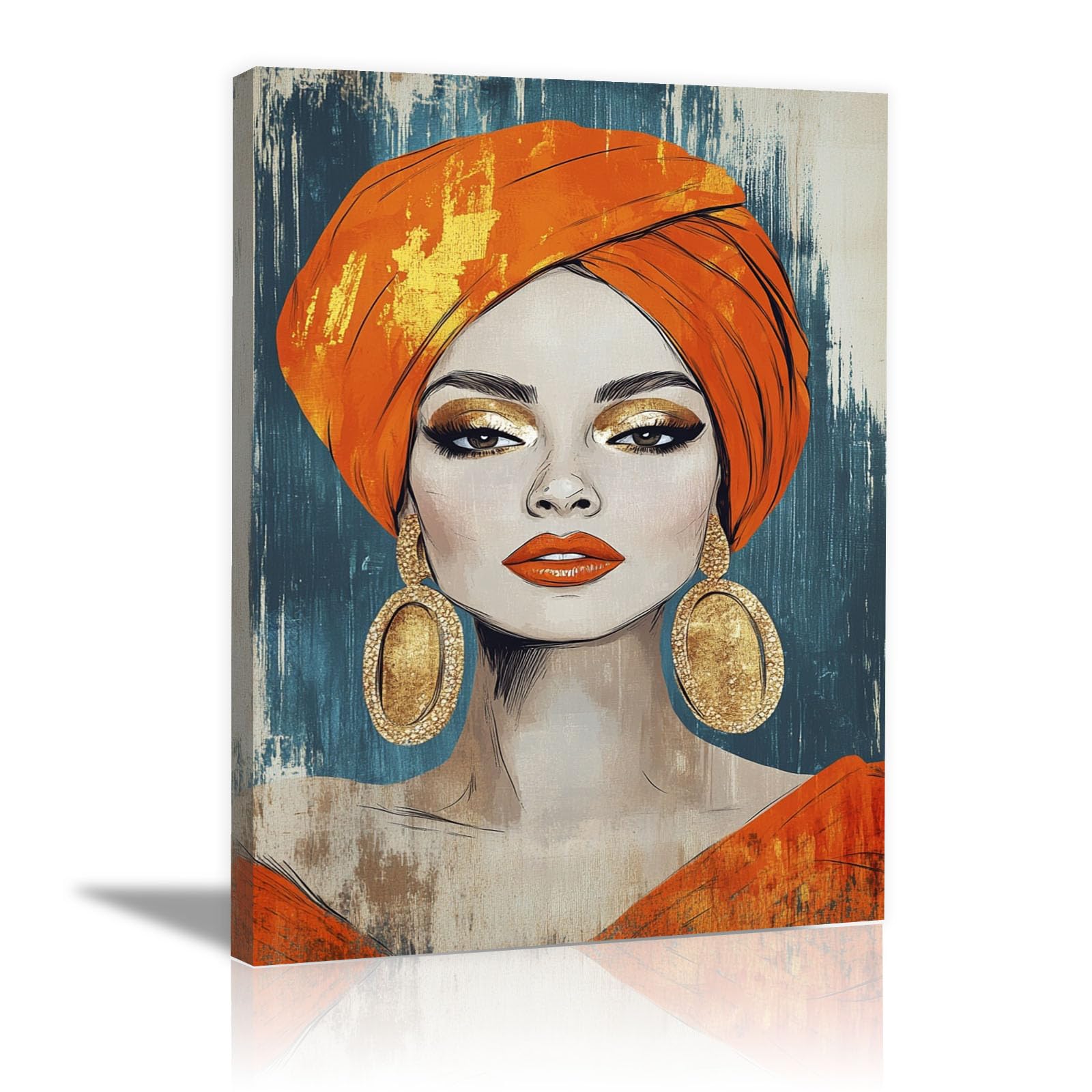 TERUEA Canvas Wall Art Abstract Woman with Orange Turban Gold Earrings Picture Prints for Girls Room Bedroom Wall Decor(Orange)-40x60cm Framed