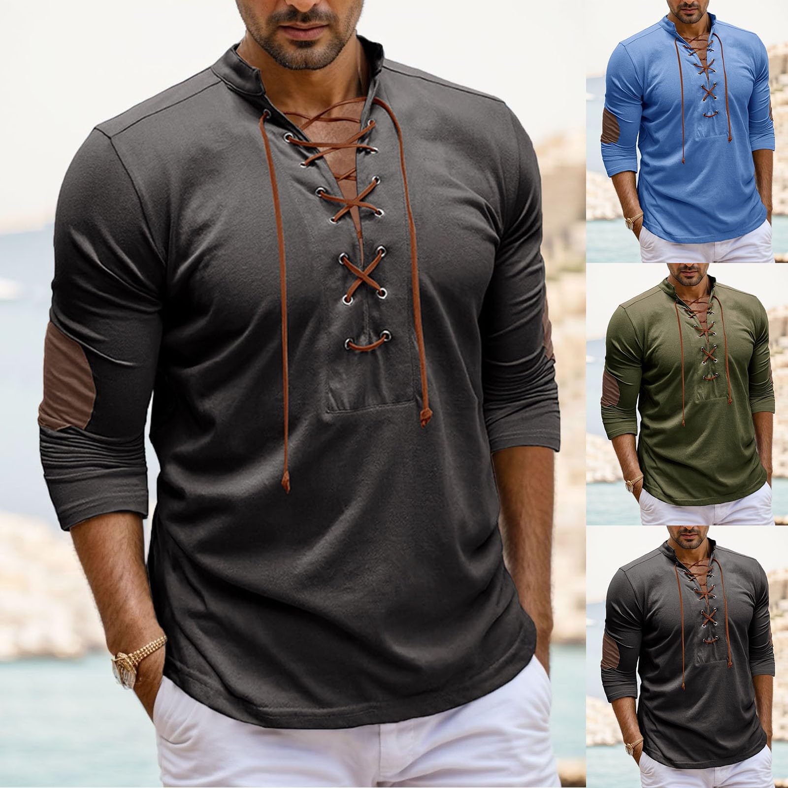 Men Tshirts Graphic Vintage Men Half Drawstring T Shirts Fashion Slim Tops Long Sleeve Pullover Fall Lightweight Loose Trendy Clothes Blue