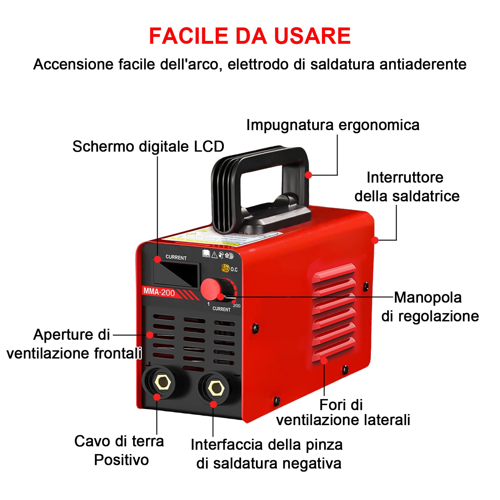 Saldatrice ad Arco Portatile MMA 200, Saldatrice Elettrodo 200A, Mini Saldatrice MMA, Saldatrice Inverter IGBT con Display LED, Antiaderente, Raffreddamento Intelligente, Protezione Surriscaldamento