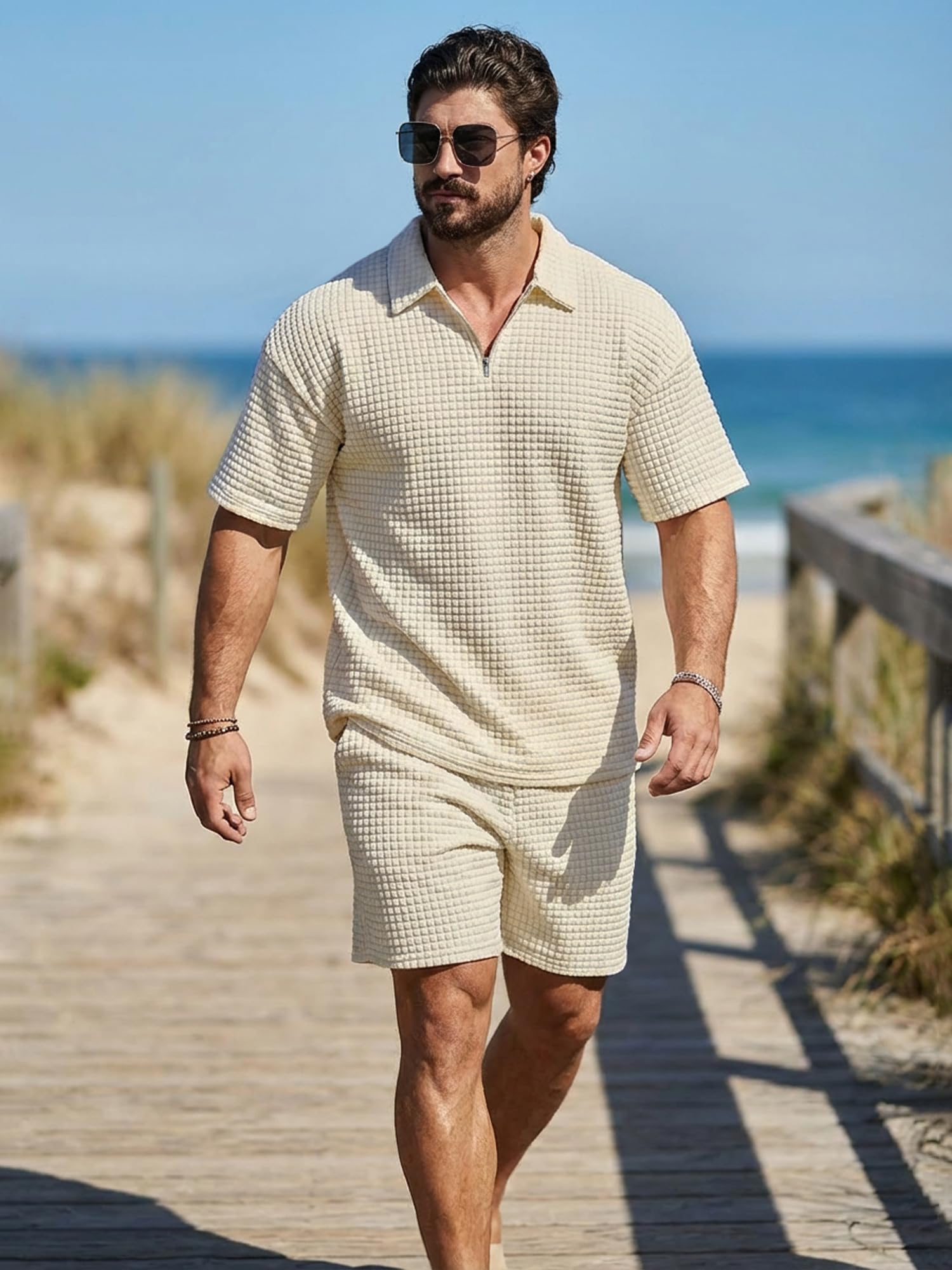 JMIERR Herren 2 Pcs Waffel Polosuit Outfits Halb Zip Polo Shirt und Short Texturiert Sommer Set S-3XL