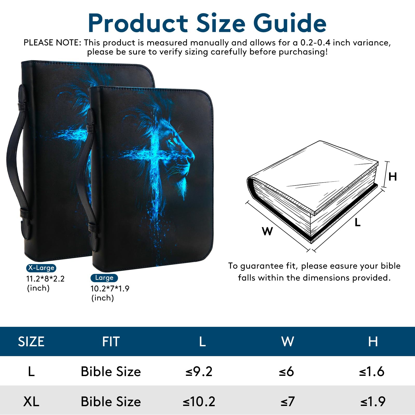 Housse de bible pour hommes et garçons, housse de bible imprimée croix de lion bleu avec poignée et fermeture éclair, sacs bibliques imperméables en cuir synthétique, fournitures d'étude biblique avec