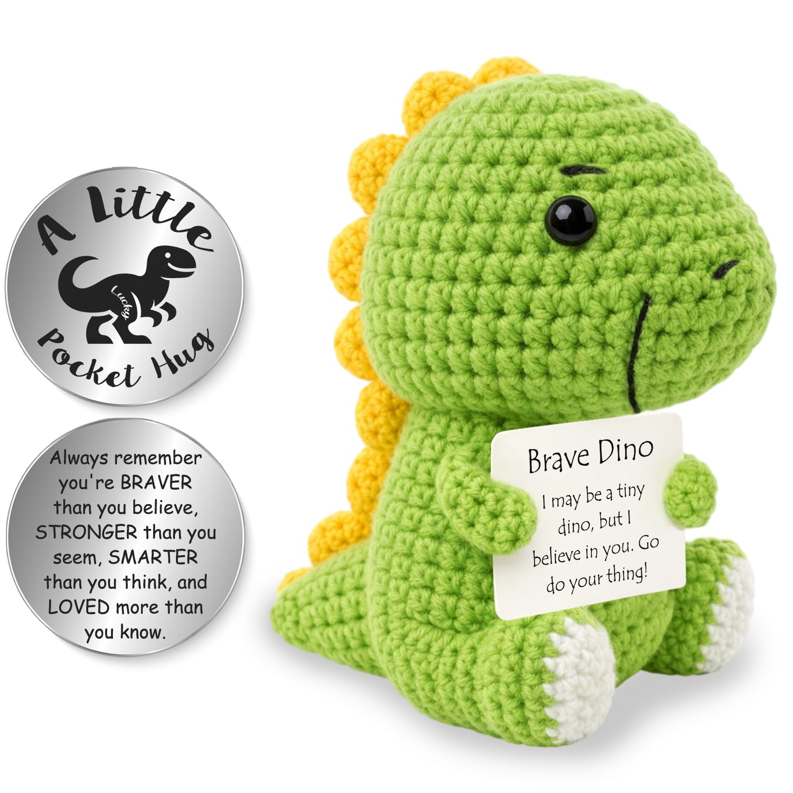 Tixlux Dinosaur Gifts for Women Men, Handmade Positive Cute Knitted Dino, with Pocket Hug Lucky Charm, Good Luck, Emotional Support, Encouragement, Back to School, Birthday Gift