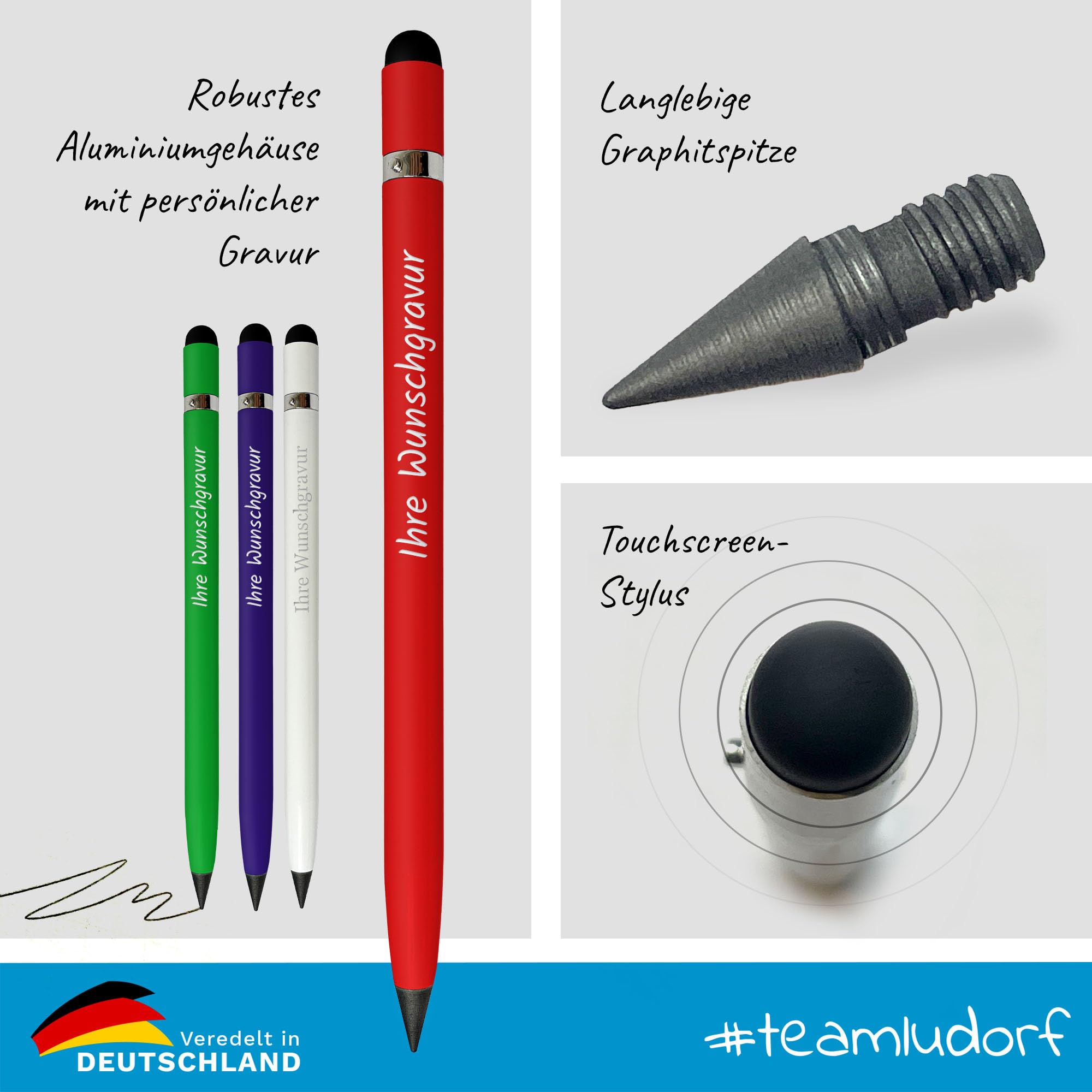 25 x CAPPA MIX GrafitStift personalisiert mit Gravur aus Aluminium mit Stylus, Schutzkappe und Radiergummi (25 Stück)