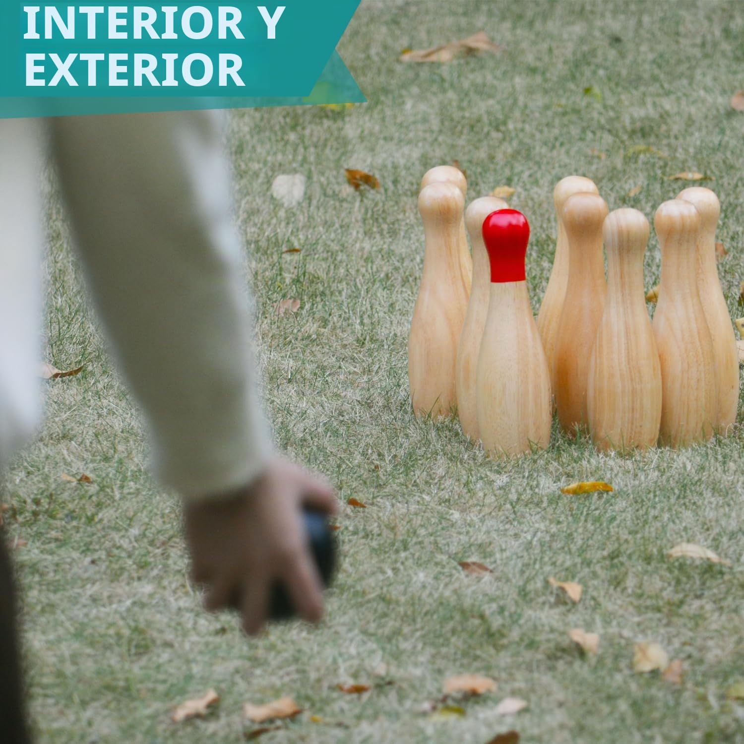 Juego de boliche de madera con botellas de lanzamiento para jardín al aire libre para la familia, juego de bolos con bolsa de transporte (Altura 26 cm, 10 bolos + 3 bolas)