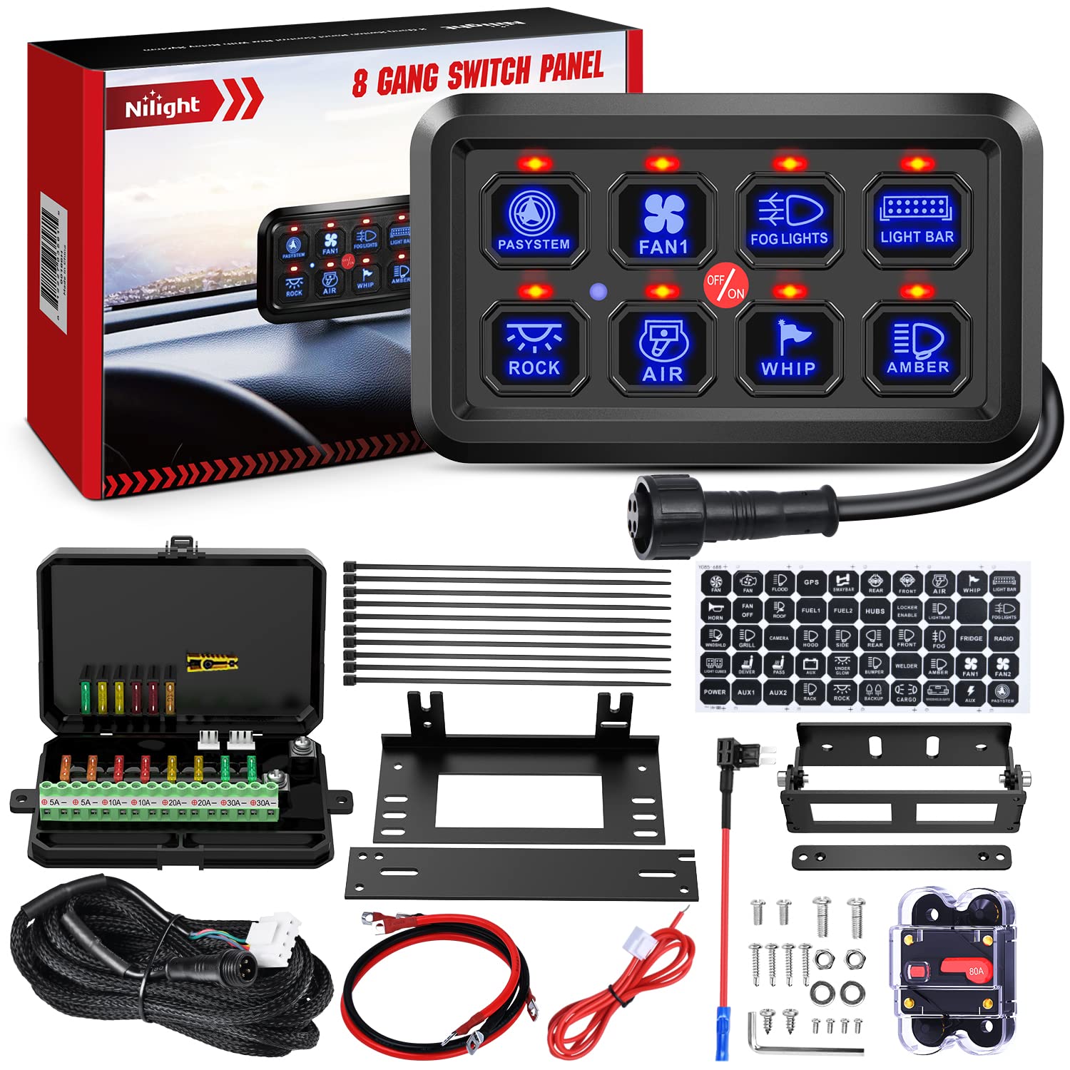 Nilight 8 Gang Switch Panel System Circuit Control Relay System Fuse Wiring Harness Automatic Dimmable ON Off LED Switch Pod for 12V Cars Trucks Campers SUV, 2 Years Warranty,Blue