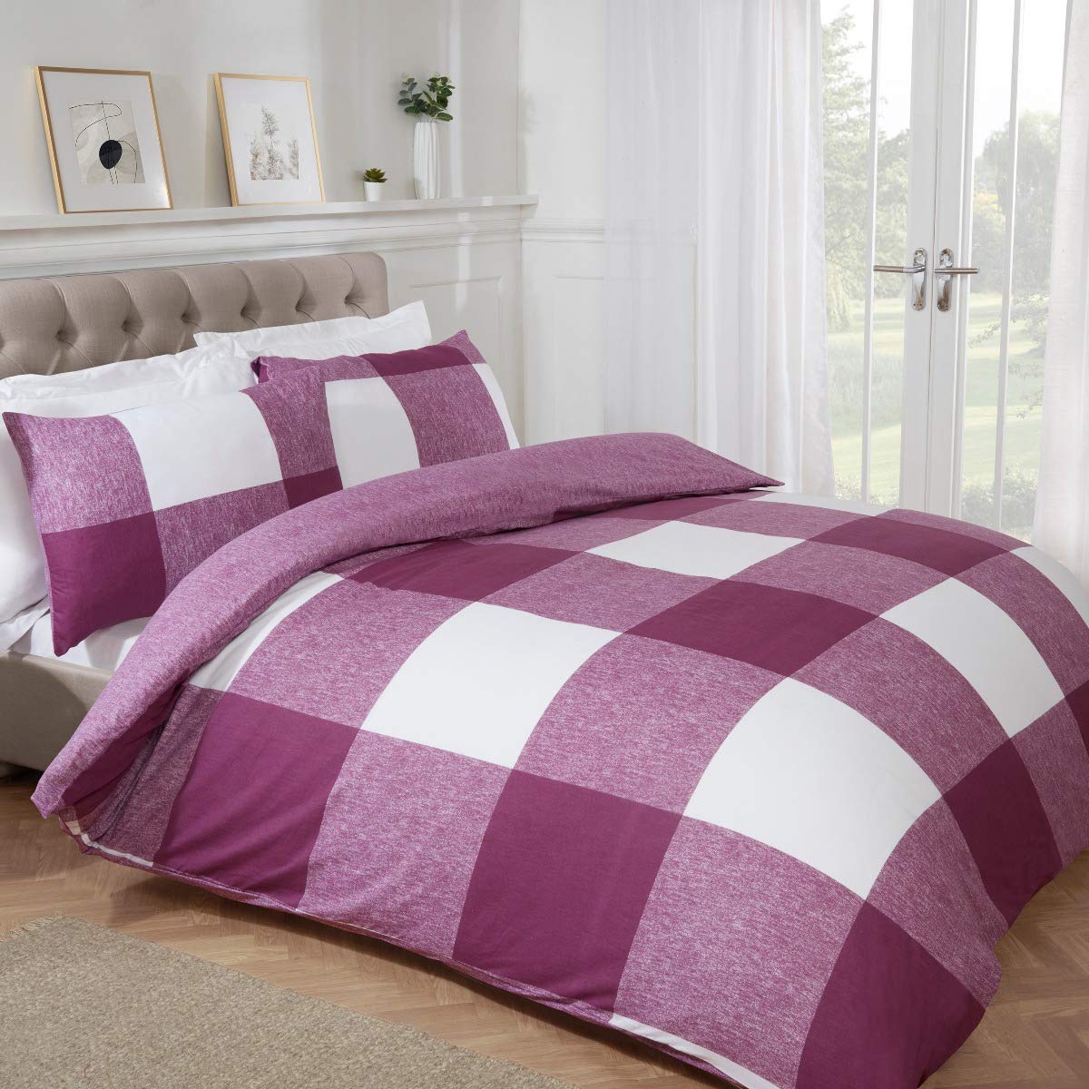 Sleepdown Gingham Check Plum Purple Plain Reverse Soft Easy Care Duvet Cover Quilt Bedding Set with Pillowcases - Double (200cm x 200cm)