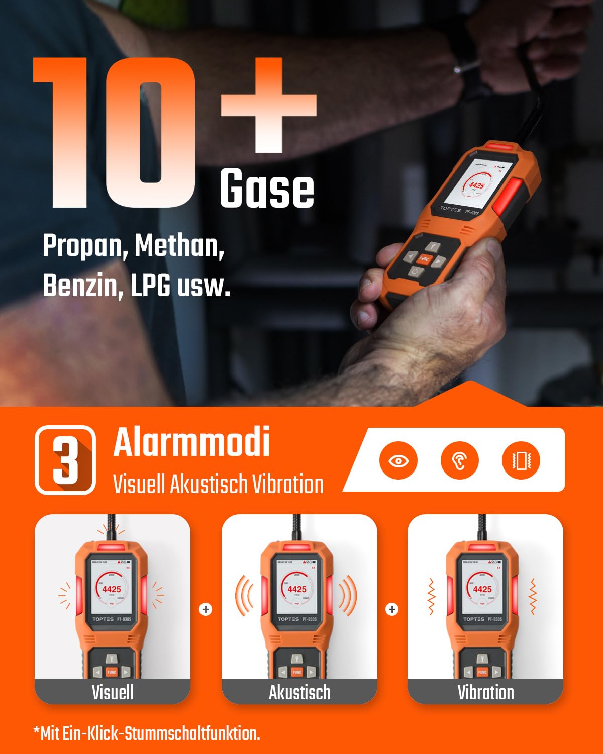 TopTes PT-830S Wiederaufladbarer Gasmelder mit 36,8cm Sonde, Bereich 0-10000 ppm, TFT-Farbdisplay mit 3 Alarmtypen, Hohe Empfindlichkeit gaslecksuchgerät für Propan, Methan für Haushalt oder Industrie