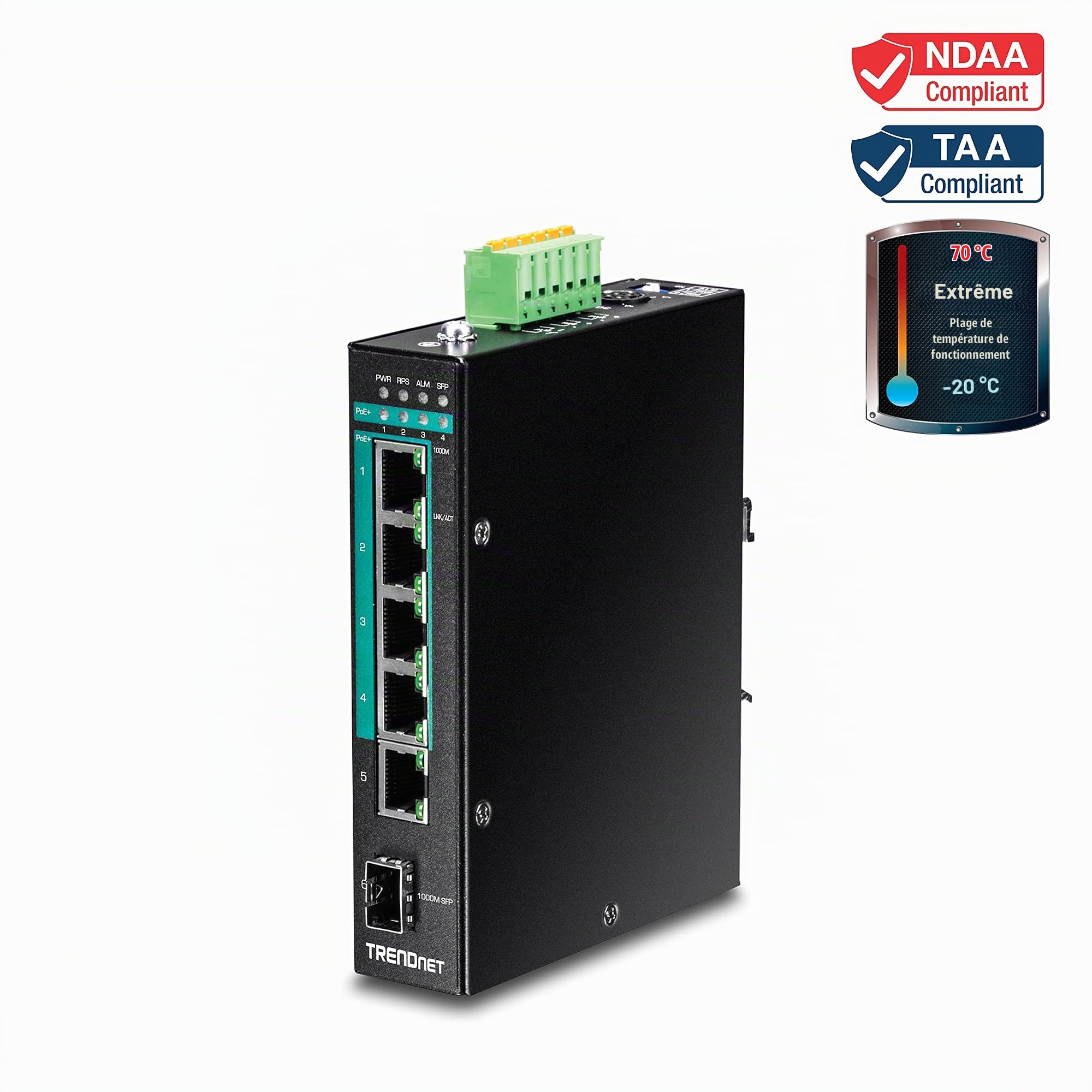 TRENDnet, TI-PG541, Commutateur réseau Gigabit PoE+ Industriel renforcé à 5 Ports, Alimentation 120 W, 1 Emplacement SFP, Indice de Protection IP30, Non géré, Noir