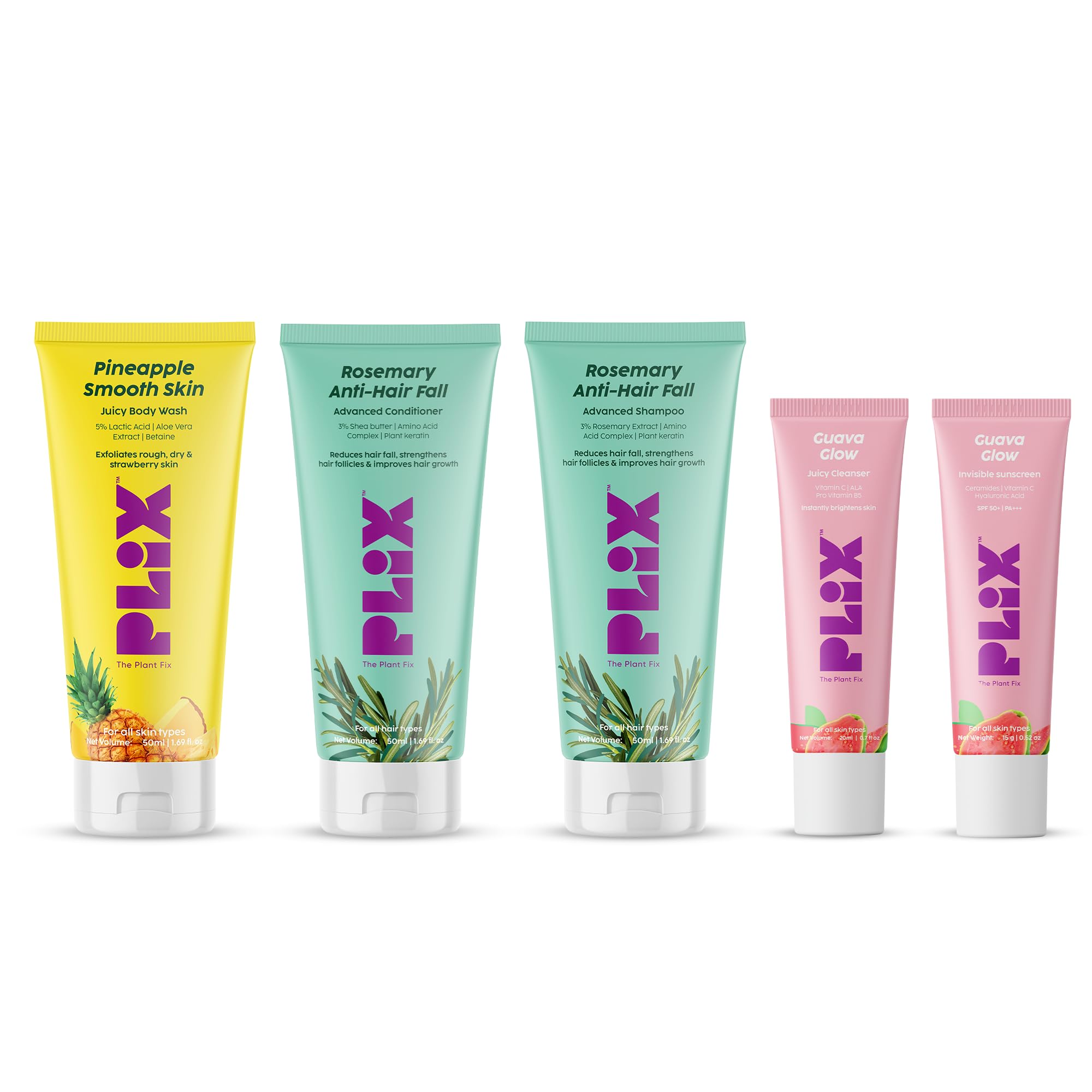 Plix - The Plant Fix 5 in 1 Travel Kit for Men & Women | Facewash, Bodywash, Conditioner, Shampoo & Sunscreen