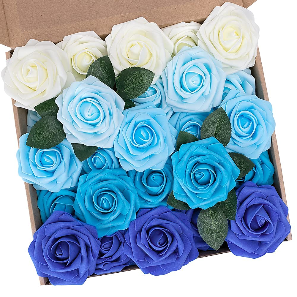 N&T Nieting Mix Blue Artificial Flowers Roses, 25Pcs Real Touch Foam Roses,