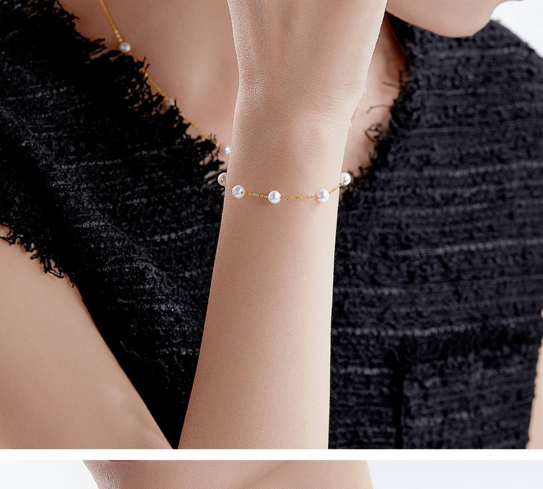 Pulsera de cadena para mujer, cadena de oro amarillo con pulsera de perlas de 4 a 5 mm