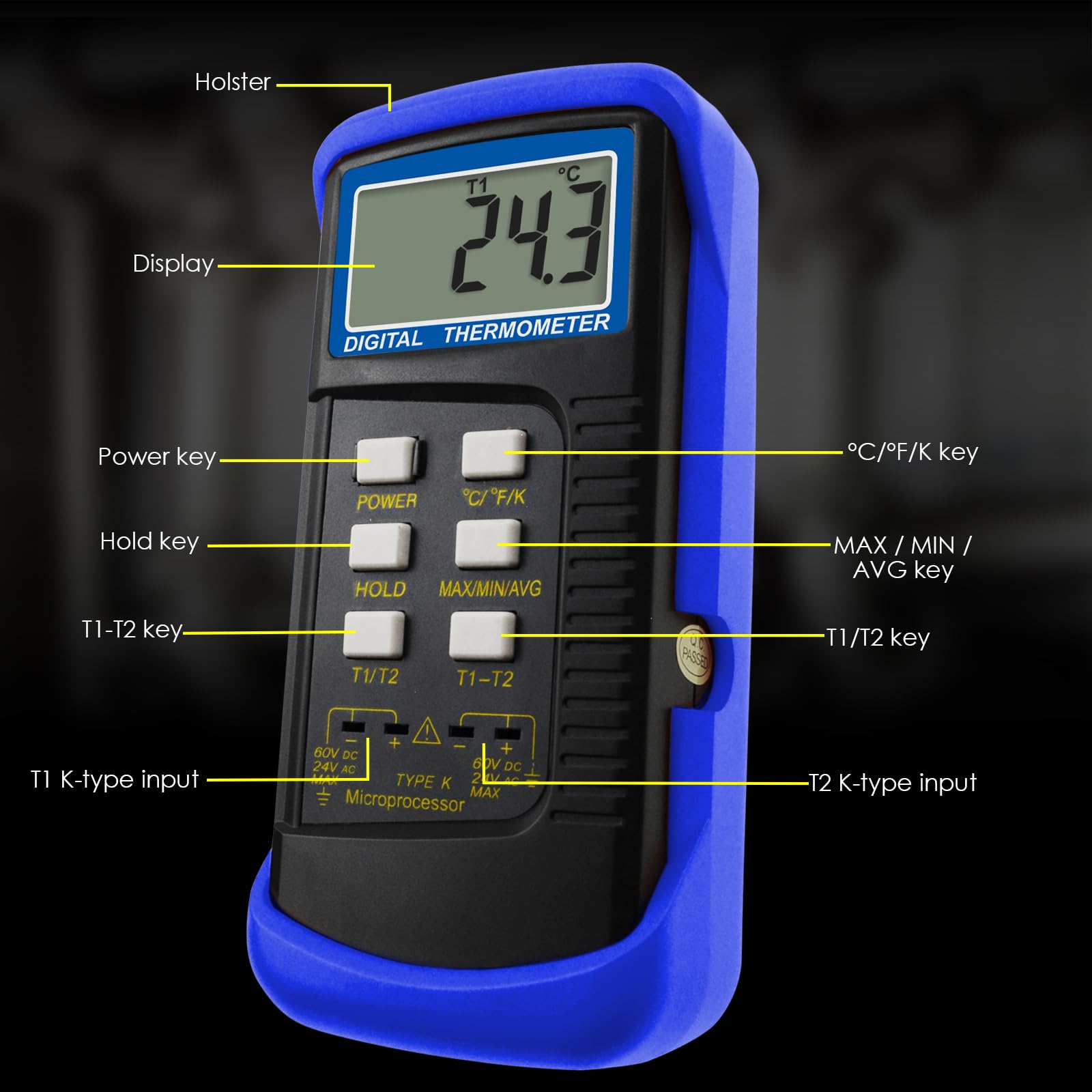 Termometro digitale a 2 canali K-Type 2 termocoppie -50 ~ 1300 ° C (-58 ~ 300 ° F) Palmare ad alta temperatura Kelvin Scale Dual Misuratore Sensore