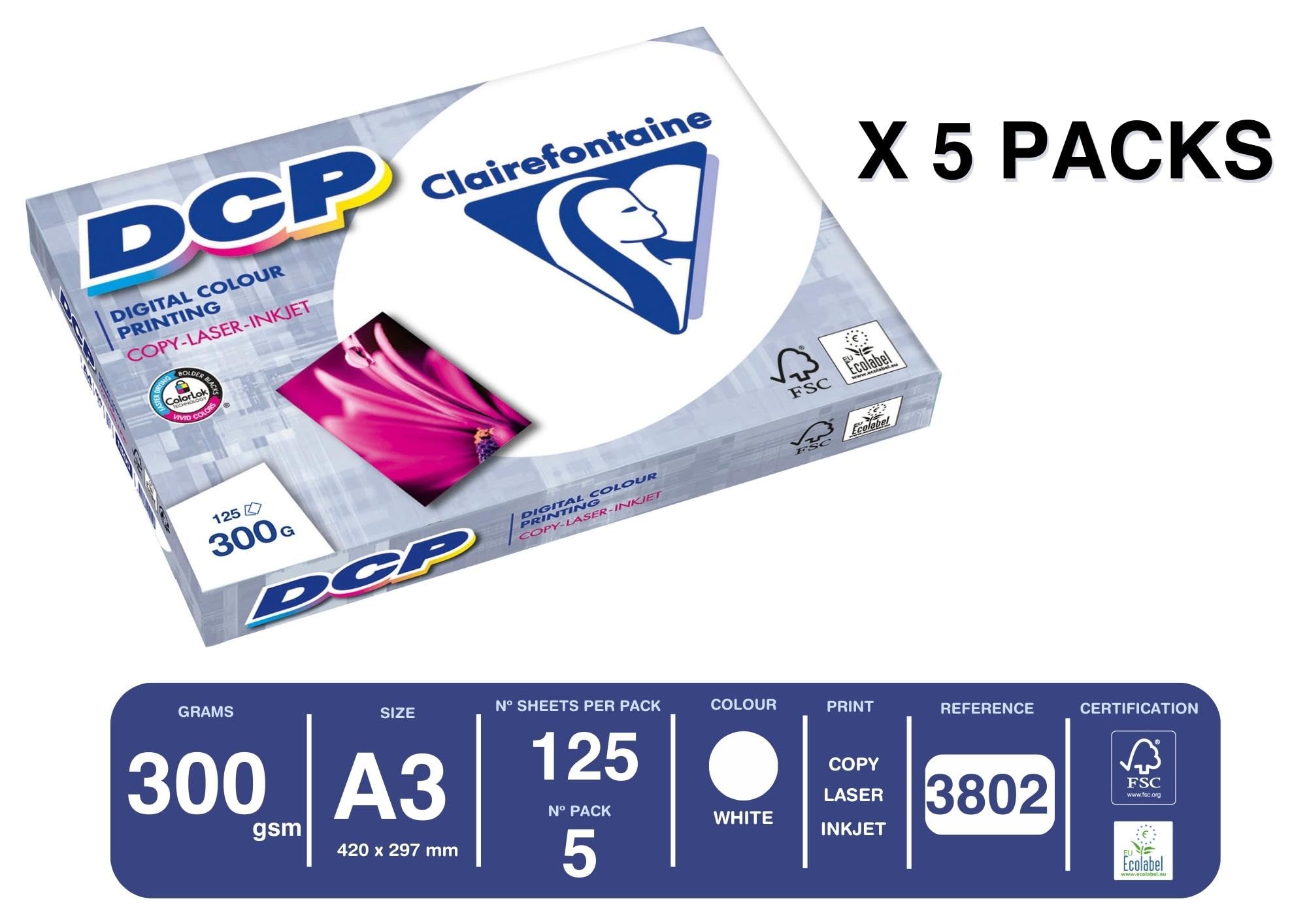 Clairefontaine 3802C - Caja de papel Digital Color Printing contiene 5 packs. - A3, 300g/m2, Total de hojas por caja: 625 - Color: Blanco (170 CIE)