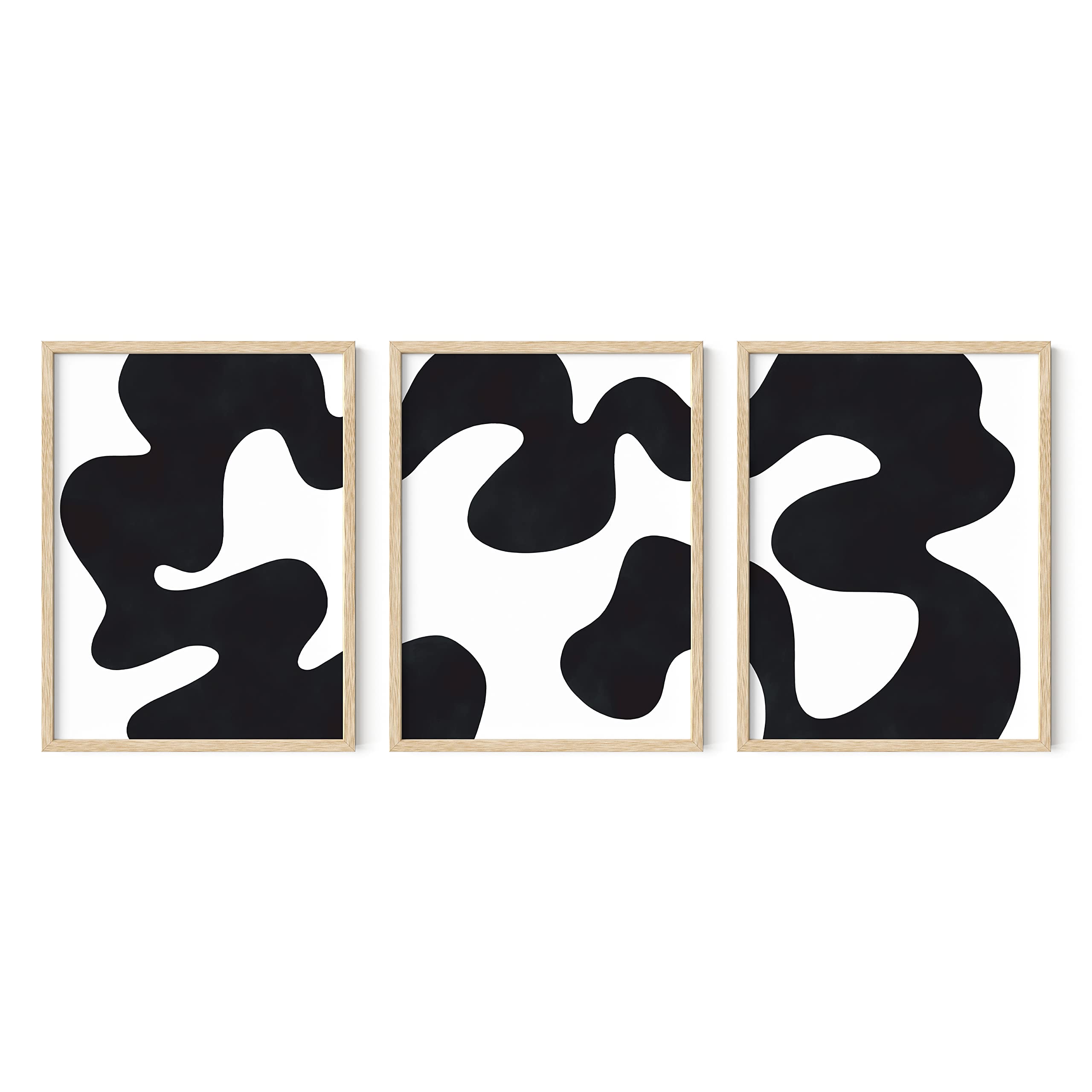 HAUS AND HUES Black and White Wall Art - Set of 3 Abstract Large for Bathroom, Minimalist Decor Art, Modern Shapes Posters with Beige Frame, 12x16