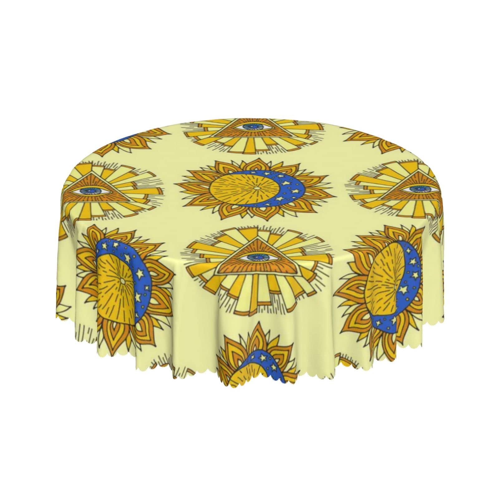 Lsjuee Sun All Seeing Eye Occult Yellow Round Tablecloth 60 Inch Printed Washable Tablecloth for Dining Party Holiday Fall Home Decorative