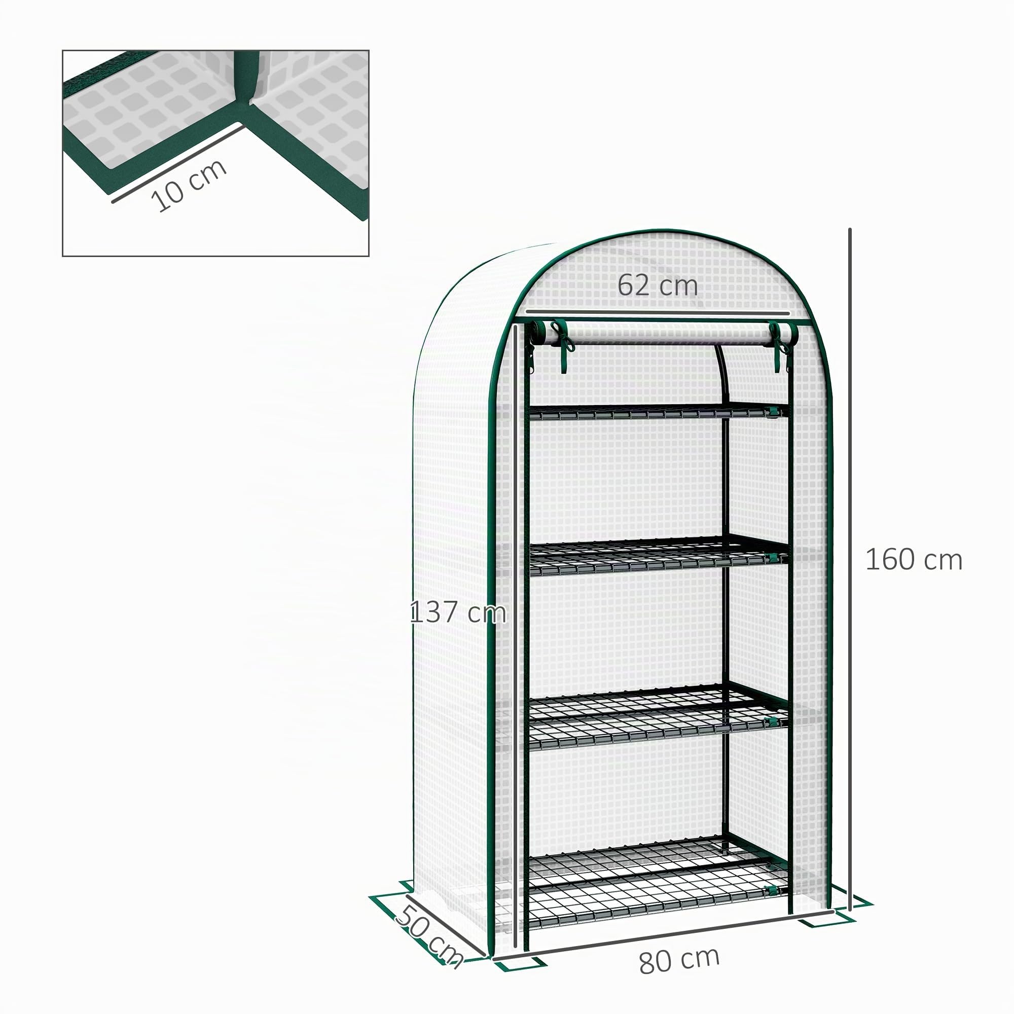Outsunny Serre de Jardin PE avec Étagères 4 Niveaux 80 x 50 x 160 cm Blanc | Serre de Balcon, Bâche Renforcée 130 g/m², Châssis en Acier, Porte Zippée Enroulable, pour Légumes Plantes Fleurs