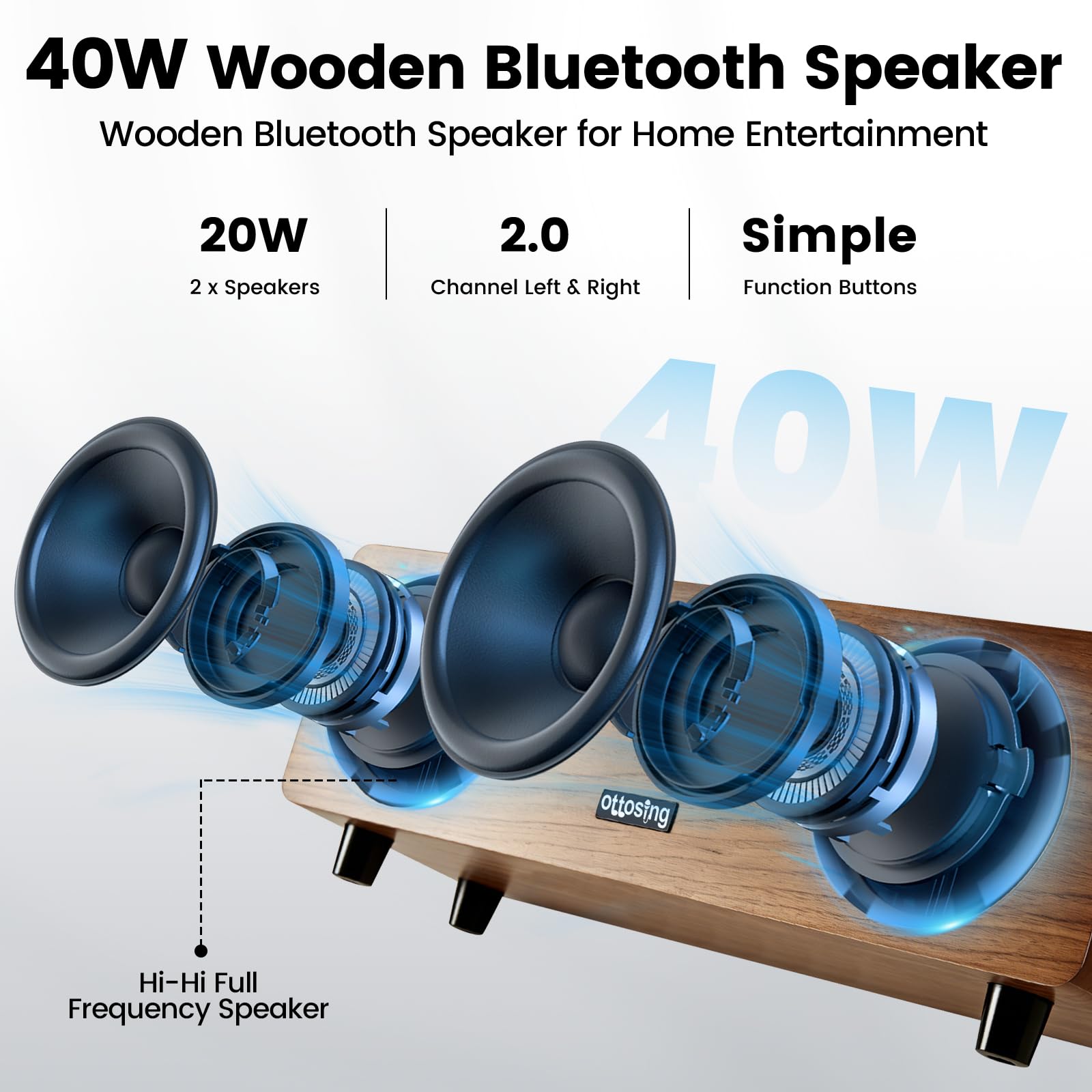 Altoparlante Bluetooth a 2.0 canali 40 W, Bluetooth 5.0 con ottico/coassiale/HDMI ARC/AUX/USB, DSP Tuning altoparlante in legno supporta MP3/WAV, suono stereo per casa/interno