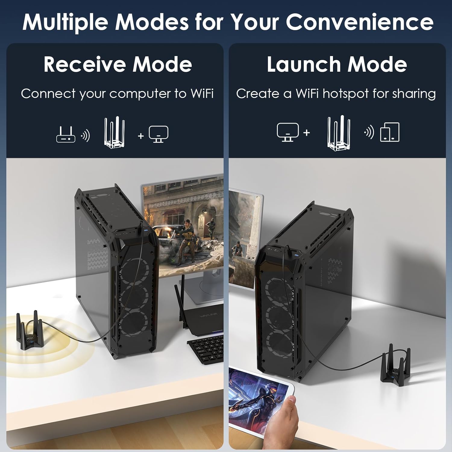 WAVLINK AX5400 adapter with antennas, showing signal boosting and optimal placement away from walls