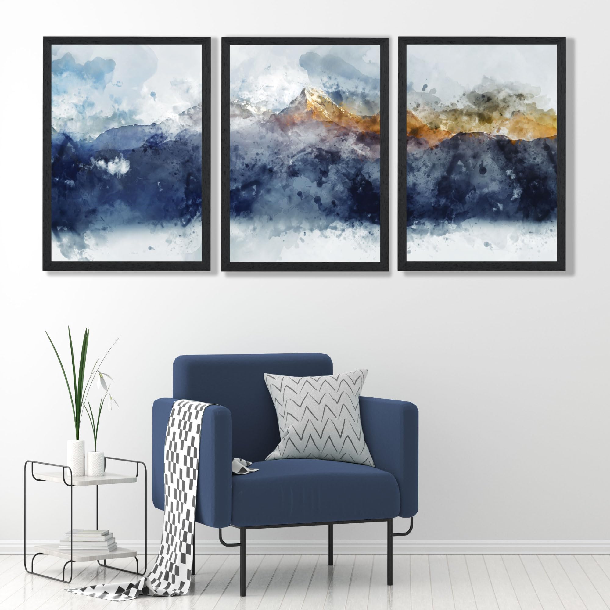 Artze Wall Art Set of 3 Blue Yellow Mountain Prints - A2 Size - Black Frames