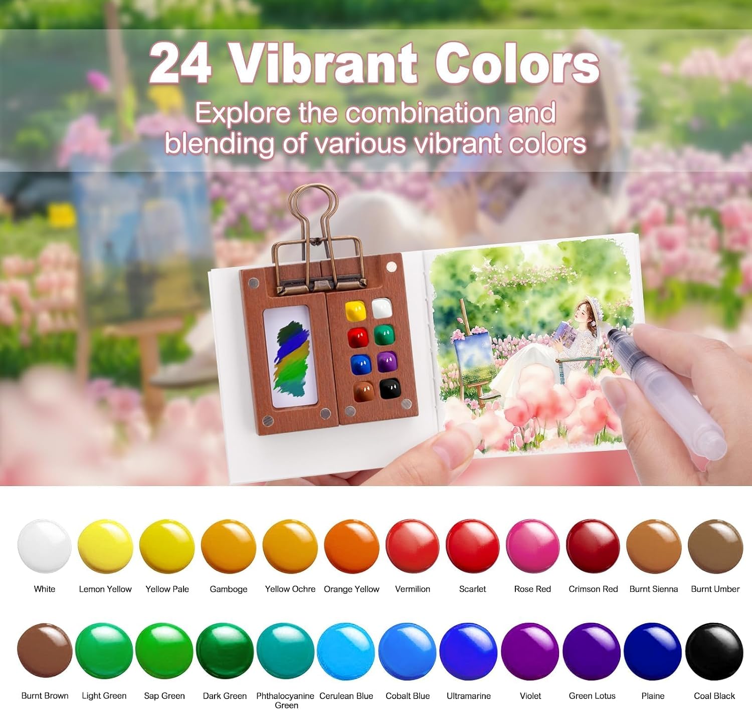 Mini Watercolor Paint Set, Tiny Watercolor Travel Set, Portable Pocket Water Color Paint Kit with 24 Colors, SketchBook, Pen, Clip, Mini Paint Palette Travel Kit for Painters Artists (Walnut, 15 Grid)