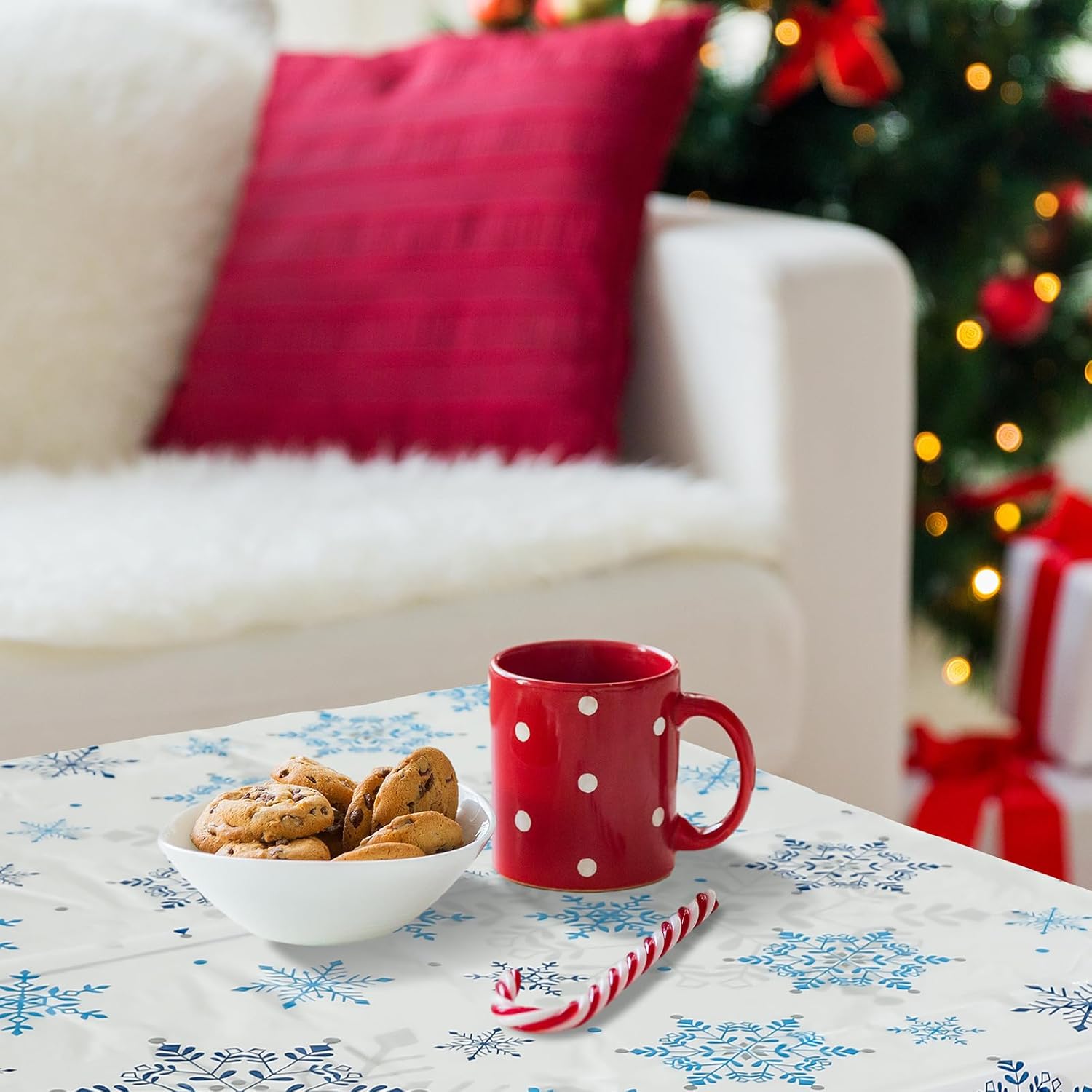 Hosuly 100 Feet x 40 Inch Christmas Snowflake Tablecloth Roll Rectangle Disposable Plastic Tablecloth Winter Table Cover Roll for Holiday Xmas Home Picnic Party Decorations Supplies (White)