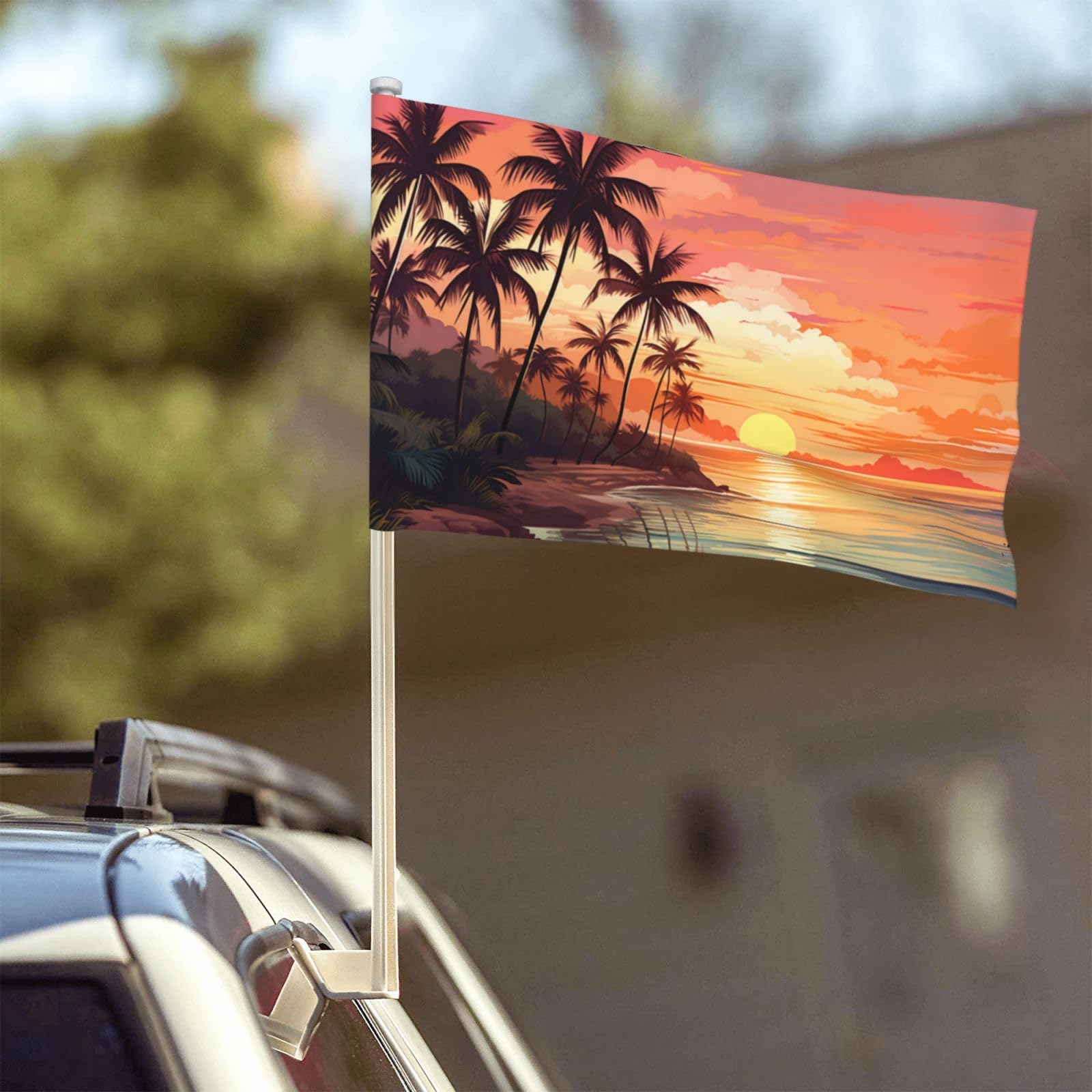 Tropical Landscape Palm Trees Sunset Car Flag Outdoor Window Clip 12 X 18 Inch Double Side Car Decoration