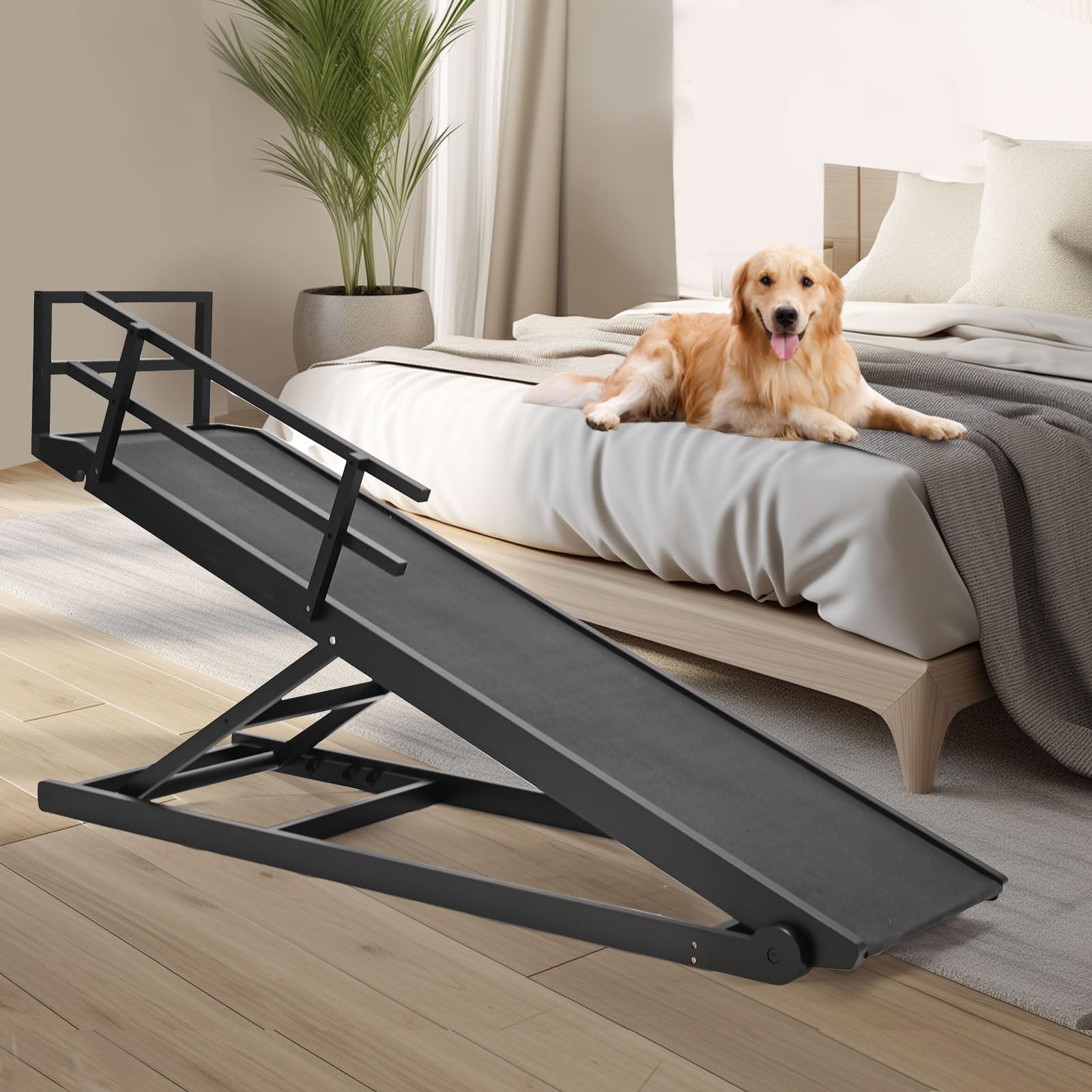 Dog Ramp,Rubber Mat High Traction Ramp,5 Level Adjustable Folding Pet Ramp for High Bed,62.9" Long Portable Paw Ramps,Great for Small & Old Dogs & Cat,Natural Wood Pet Ramp with Finish