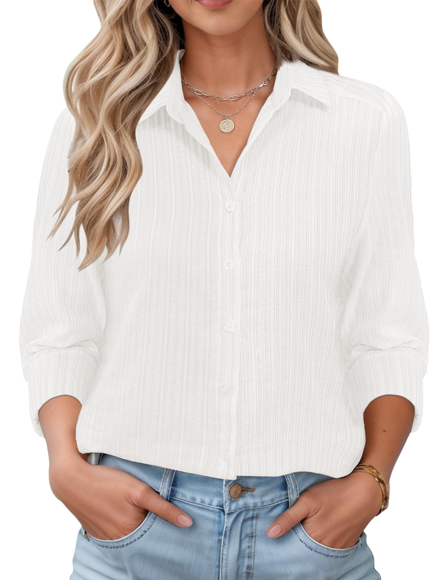 Rapbin Bluse Damen Lässig Langarm Hemd V-Ausschnitt Shirts Tunika Lockere Business Top Elegant Oberteil mit Knopfleiste