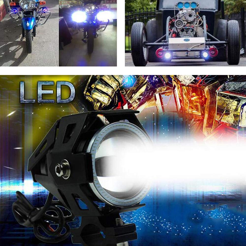 2pcs Bright 3000LM 125W LED Motorcycle Headlight with Demon Angel Blue Eyes Auxiliary Work Light Spotlight Driving Fog Spot Lamp Universal for Car Offroad ATV Truck + 2pcs Switch