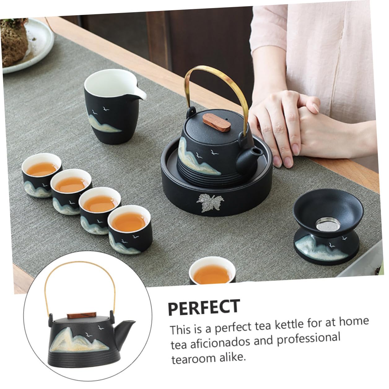 Tetera de Cerámica Pintada a Mano Negra Asa Fría, Pequeña Tetera Creativa para Hogar y Sala de Té Profesional