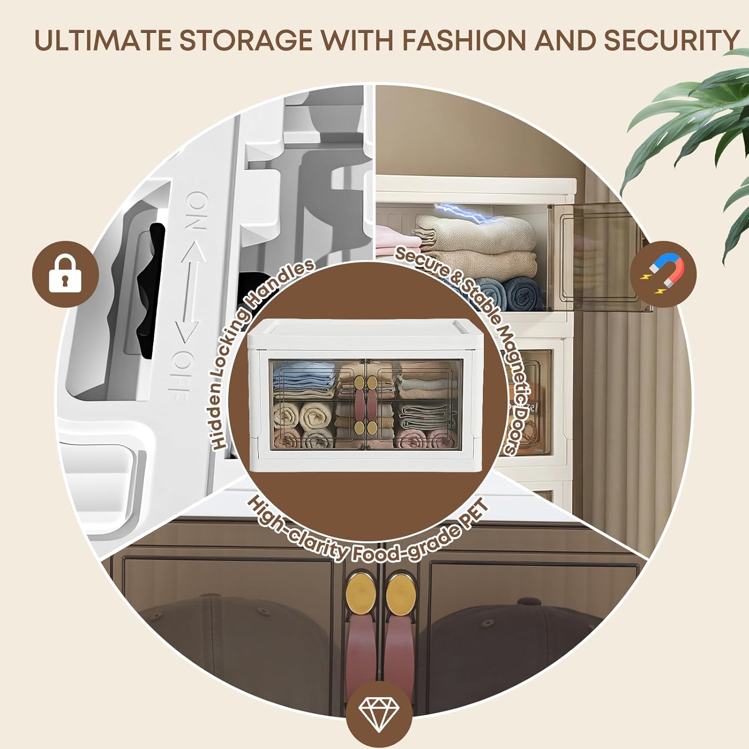 MOONEDGE 140QT Stackable Plastic Storage Bins with Lid & Handles, Foldable Collapsible Closet Organizer with Magnetic Doors and Side Locking, 4 Tier for Living Room, Office, Garages