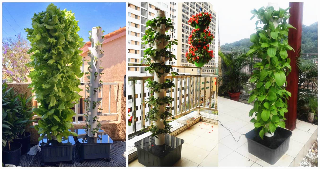 Torre hidropónica de 15 pisos y 45 orificios, sistema de cultivo acuapónico, kit de cultivo aeropónico de torre de jardín para hierbas, frutas y verduras con bomba hidratante, adaptador, macetas de