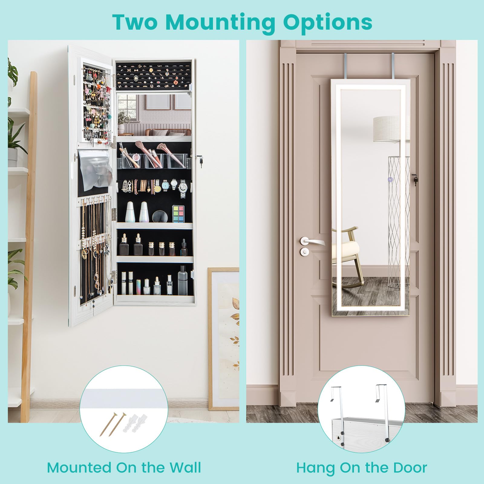 CHARMAID LED Mirror Jewelry Cabinet, 47.2'' Jewelry Armoire with Adjustable Lighted Full Length Mirror, Wall Mounted or Door Hanging, Lockable Jewelry Organizer Storage (Grayish White, 47.2''H)