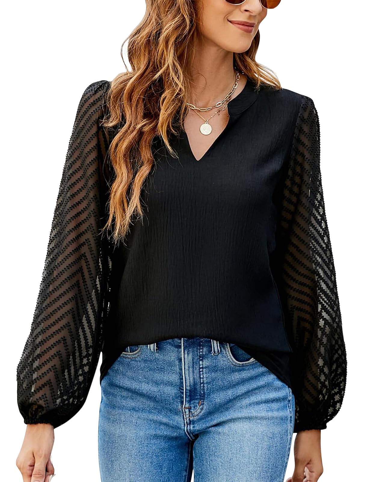 Camiseta Mujer Blusa de Encaje Manga Larga Elegantes Top Chifón Informal Camisa con Cuello en V Otoño Túnica Color Sólido de Trabajo